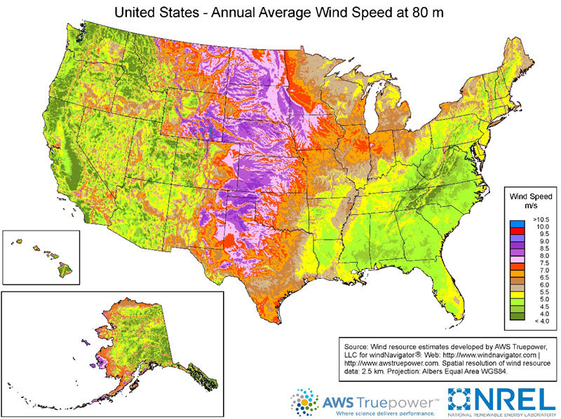 NREL US Wind Resource Map at 80m Annual Average Wind Speed